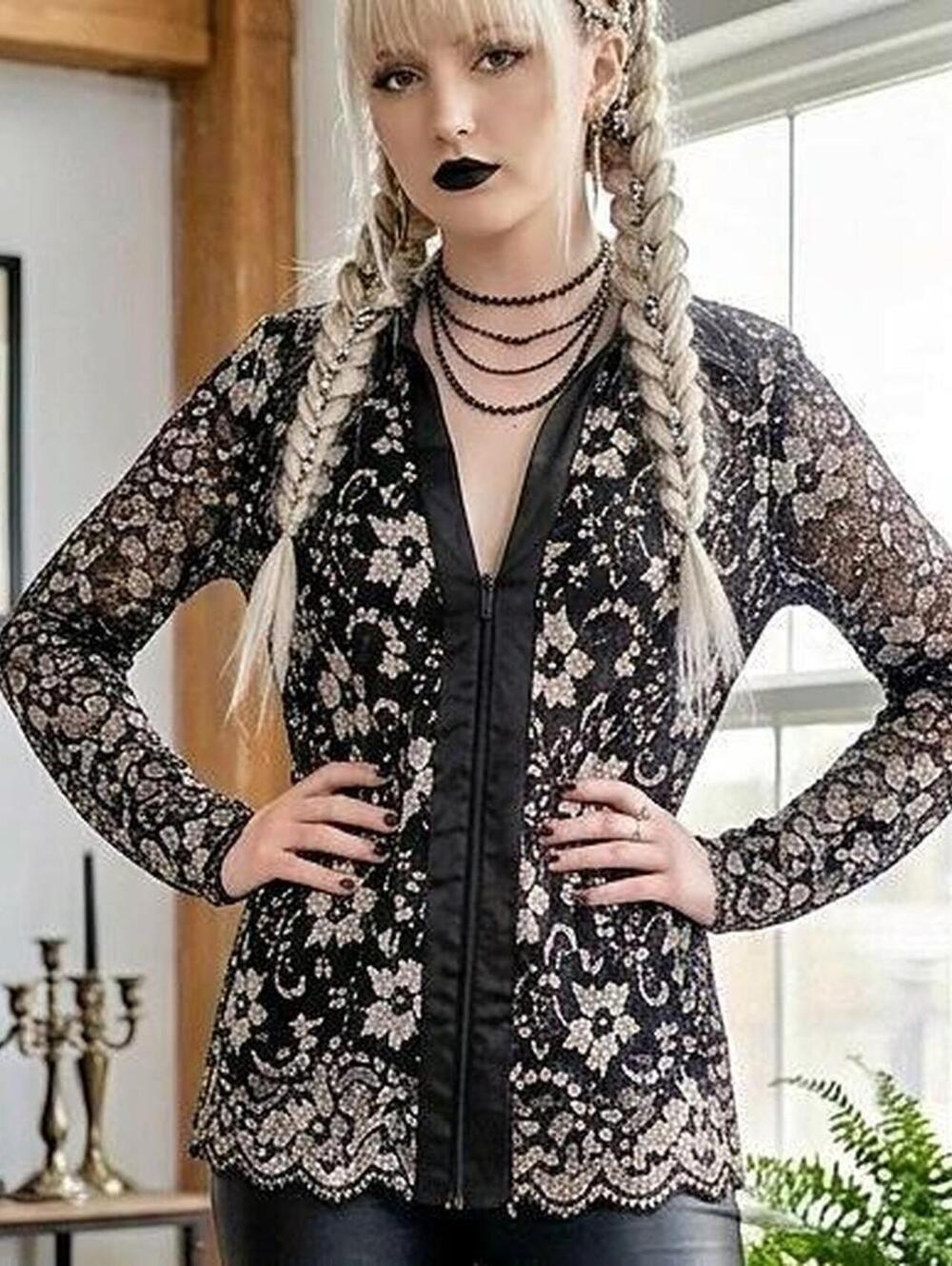 Victor Costa black lace blouse with satin trim and floral pattern. Size: XXL